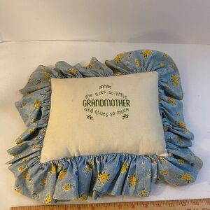 Vintage cross stitch pillow “Grandmother” 16x13 blue yellow country cottage‎